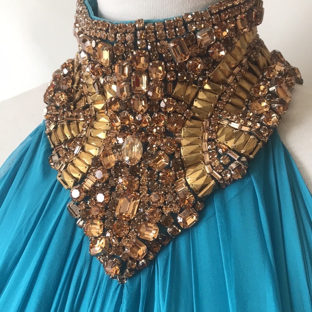 ALEXANDER MCQUEEN Dress NWT Turquoise Chiffon w/Bronze Swarovski Size 42 US 8-10 - Picture 4 of 17